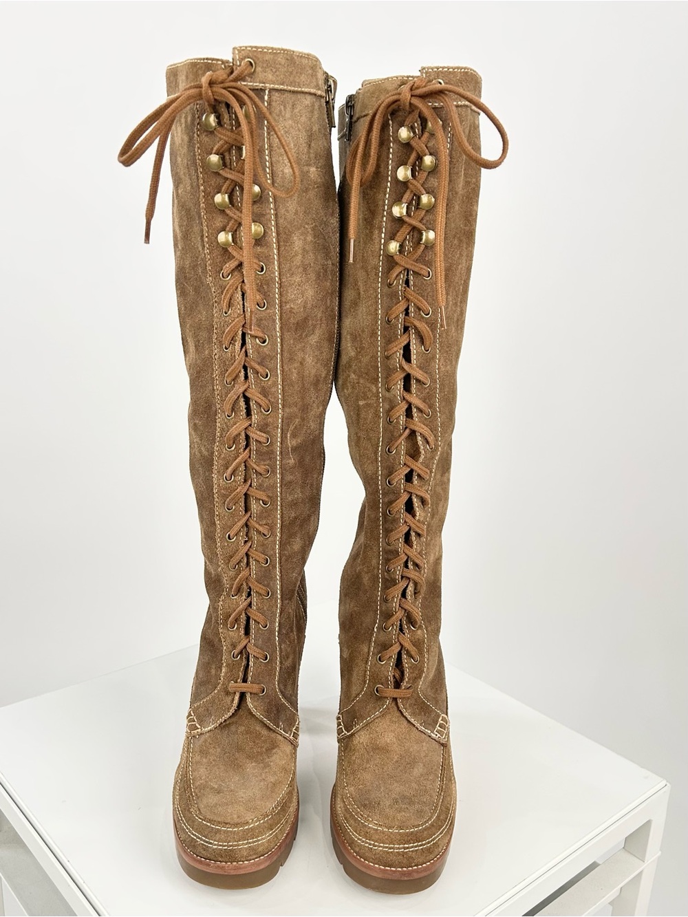 Michael Kors Aquarius Suede Lace Up Knee High Platform Boots 8.5M